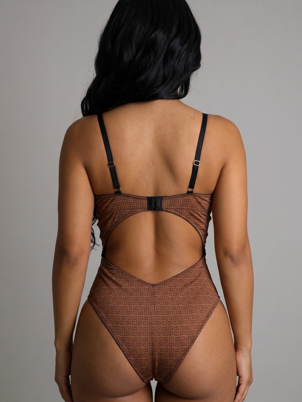 House of CB Brown Monogram Underwire Cutout Back Bodysuit Size Small